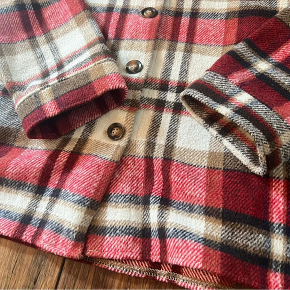 Plaid Flannel Shacket Button Down Jacket Shirt Pockets Red Boho Western Medium - Picture 4 of 14